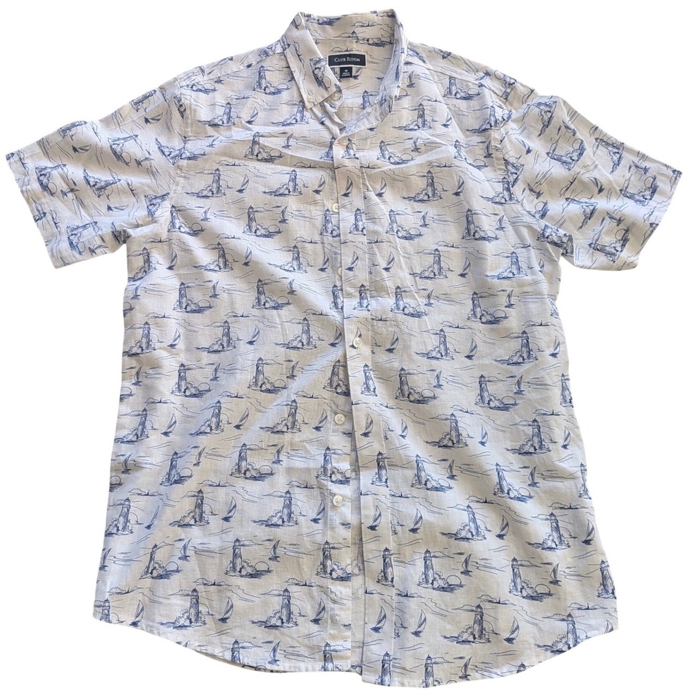 CLUB ROOM Linen Blend Short Sleeve Nautical Lighthouse Shirt Blue Men's M Preppy
